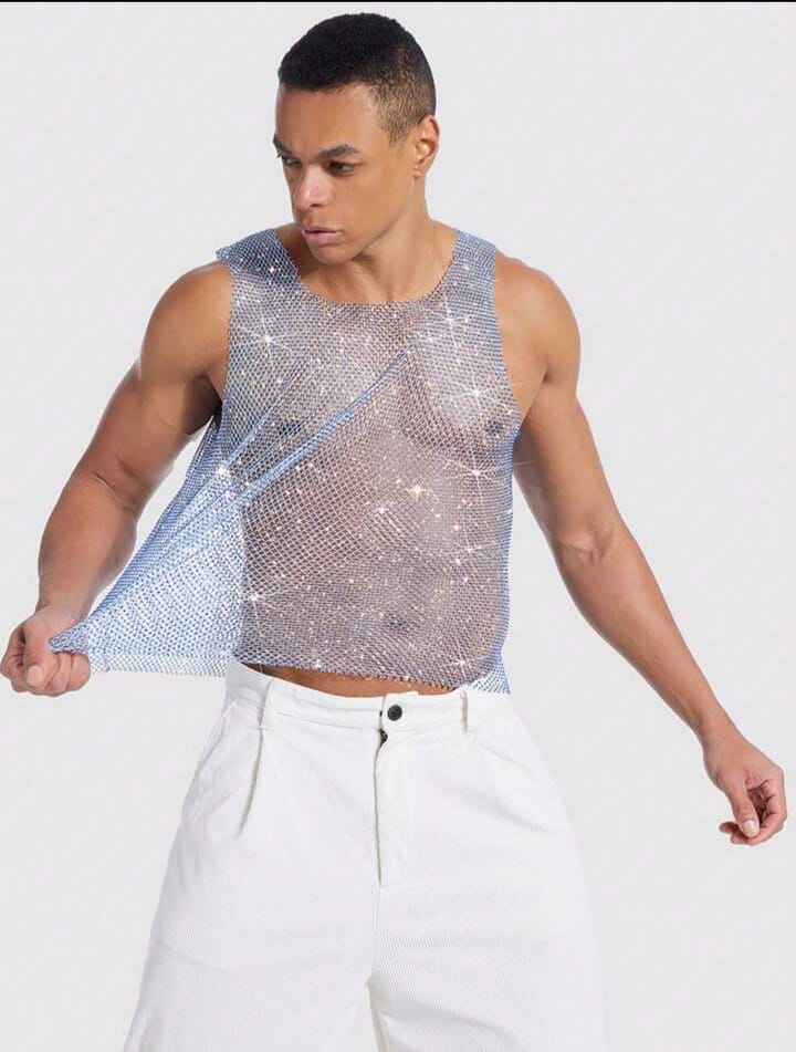 Manfinity AFTRDRK Men's Blue Elastic Mesh Rhinestone Decor Tank Top Rhinestone Top Men